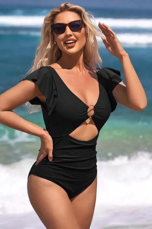 Ruffle O-Ring Cutout One Piece Bathing Suit for Women - Love Salve